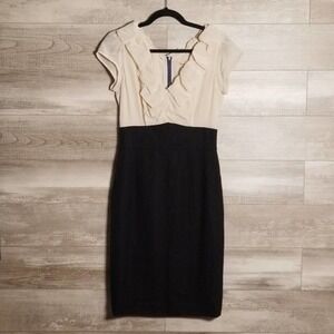Rebecca Taylor Silk Ruffle Neckline Color Block Shift Dress White Black Size 8